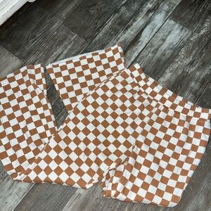Brown/White checkered wide leg fleece lined pants